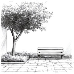 Minimalist courtyard with bench and tree pencil illustration  high resolution   for isolate image