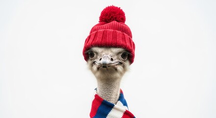 Ostrich Wearing Winter Hat And