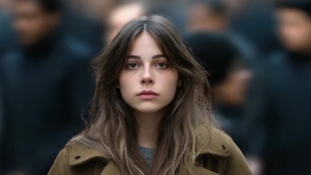Young woman portrait with long brown hair and serious expression wearing brown coat outdoors with blurred background and natural light creating calm mood casual fashion street urban winter clothing