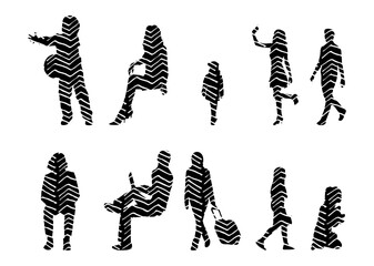Vector illustration, Outline silhouettes of people, Contour drawing, people silhouette, Icon Set Isolated , Silhouette of sitting people, Architectural set