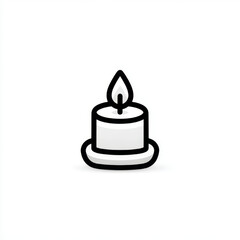 Candle with flame icon, minimalist outline style, in black and white, representing light and warmth with copy space