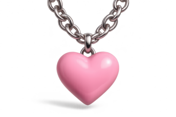 Glossy pink heart pendant on a silver chain, isolated on transparent background