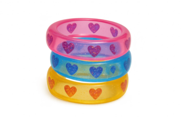 Stack of three colorful glitter heart bangles isolated on transparent background