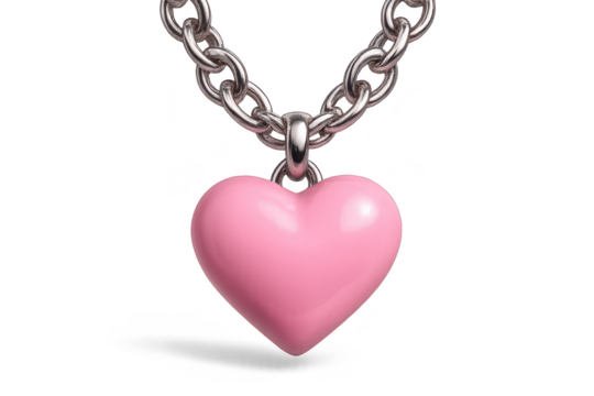 Glossy pink heart pendant on a silver chain, isolated on transparent background