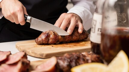 Professional chef cutting meat, preparing fresh vegetables for salad and cooking hot dishes in modern restaurant kitchen. Culinary process, gourmet cuisine, fine dining.