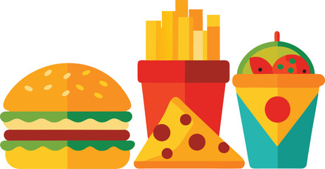 Vector illustration of fast food pizza burgers fries and drink bundle scalable eps graphic