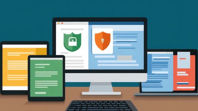 Multiple digital devices including computer, tablet, laptop, and desktop with security shield icons screen illustrating data protection, cybersecurity, and digital security concepts flat design style