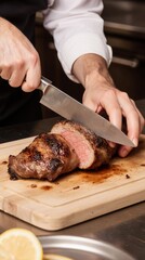 Professional chef cutting meat, preparing fresh vegetables for salad and cooking hot dishes in modern restaurant kitchen. Culinary process, gourmet cuisine, fine dining.