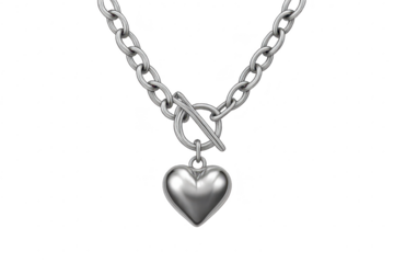 Stylish silver chain necklace with heart pendant isolated on transparent background