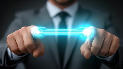 Businessman technology digital connection futuristic glowing hand suit tie innovation network interface communication modern finger light blue electronic virtual concept interaction professional - Powered by Adobe