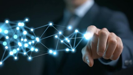 Glowing network connection with digital interface and futuristic technology featuring light dots and lines for innovative communication and business data transfer hand interaction - Powered by Adobe