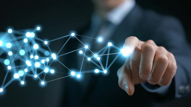 Glowing network connection with digital interface and futuristic technology featuring light dots and lines for innovative communication and business data transfer hand interaction