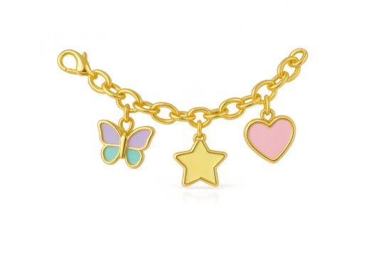 Golden charm bracelet with colorful butterfly, star, heart charms isolated