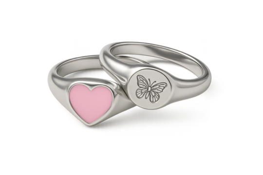 Two silver signet rings with heart and butterfly, isolated on transparent background.