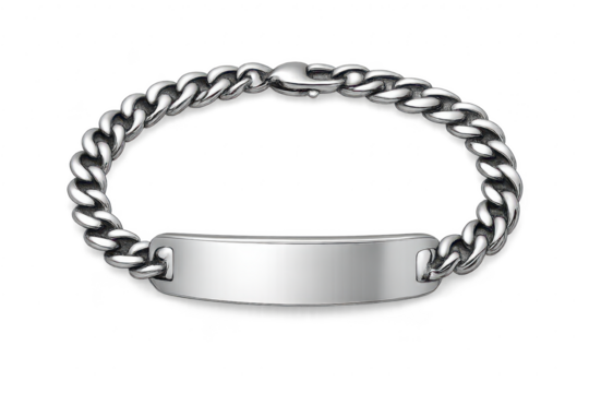 Sleek silver curb chain identification bracelet isolated on transparent background