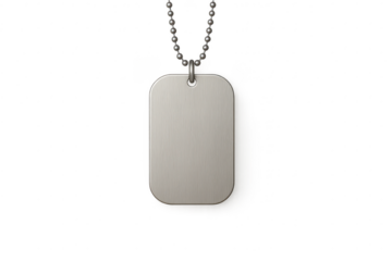 Blank silver military dog tag with chain, isolated on transparent background
