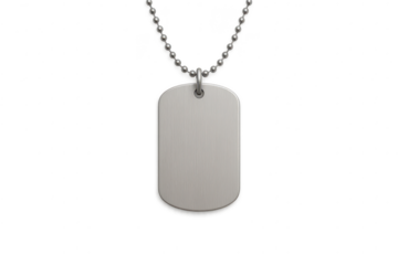 Blank brushed metal dog tag with ball chain, isolated on transparent background