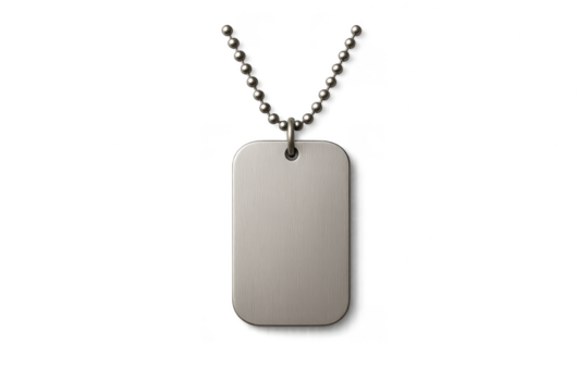 Blank metal dog tag with ball chain isolated on transparent background, customizable template