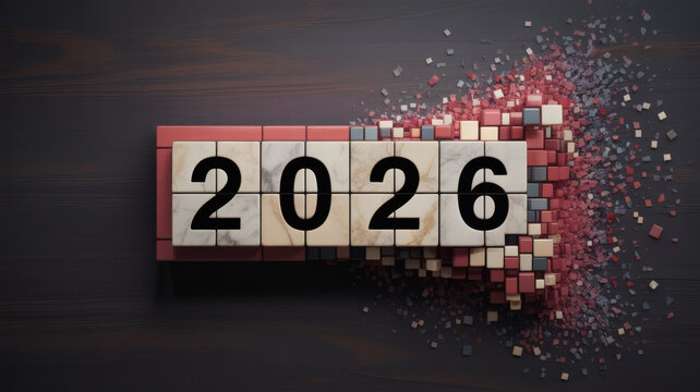 Modern marble number tiles forming 2026 with scattered cubes symbolizing new year planning goals milestones roadmap and business vision on a dark wood surface