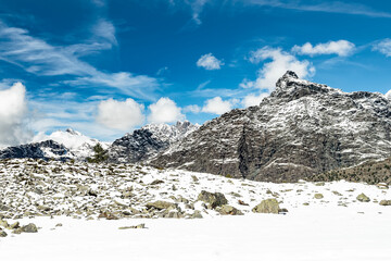 On snow, hiking in Valmalenco, Central Alps landscape