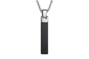 Black modern pendant, silver chain, isolated on transparent background.