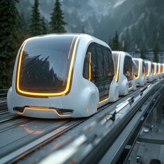 A futuristic and sleek, self-driving monorail system glides smoothly along its track, set against the backdrop of lush, vibrant forests and majestic mountains.  