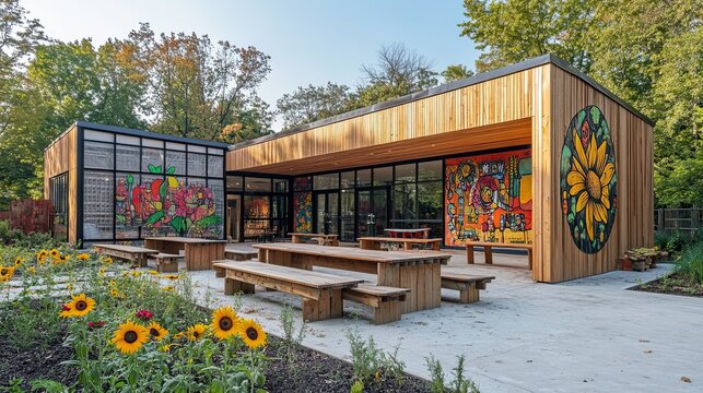 Vibrant community center buzzes with artistic murals, outdoor seating, and blooming sunflowers, creating a welcoming hub for connection and creativity.