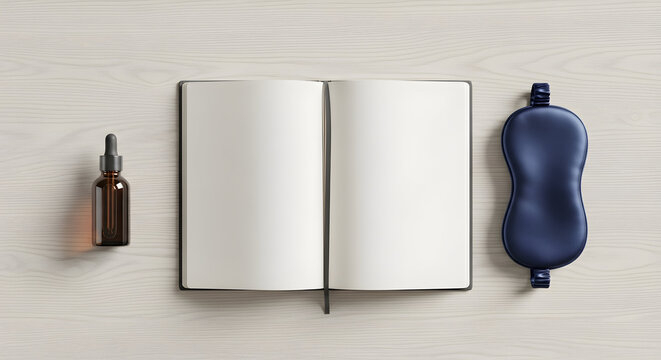 a warm and productive flat lay scene featuring an open self-help book, a cup of tea with lemon, a lit scented candle, and a white computer mouse on a beige desk bathed in soft sunlight.