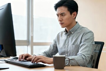 Man working on computer in office with coffee, focused productivity environment
