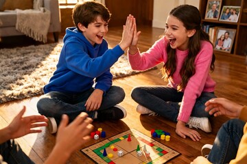 Children playing board game indoors with high-five, family fun bonding moment