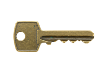 Isolated golden tarnished key on bright neutral tone for locking systems security object