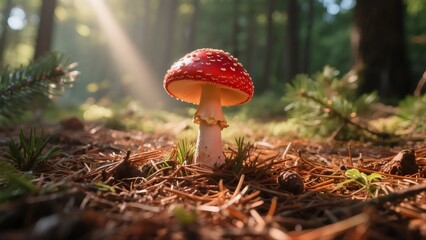 Red mushroom in forest with sunlight rays, magical nature fantasy scene