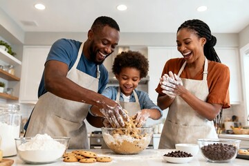 Family baking cookies with flour in kitchen, joyful cooking togetherness