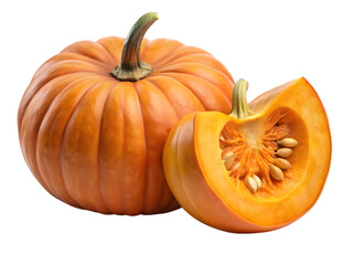 Obraz premium A whole orange pumpkin and a slice of pumpkin showing seeds and pulp isolated on transparent background