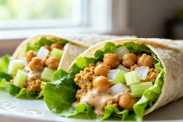 Vegetarian wrap with chickpeas and lettuce, fresh and healthy fast food idea