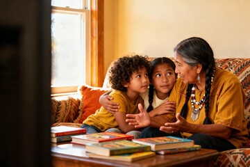 Grandmother reading to grandchildren on couch, family storytelling tradition