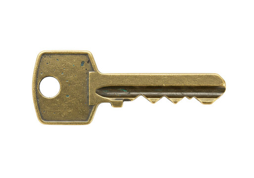 Isolated golden tarnished key on bright neutral tone for locking systems security object