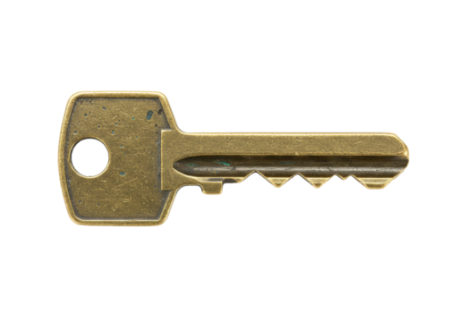 Isolated golden tarnished key on bright neutral tone for locking systems security object