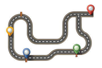 Curving road with colorful map pins indicating destinations and route isolated on transparent background