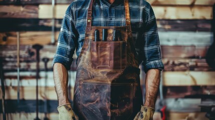 Skilled craftsman in rugged leather apron ready for detailed work amidst a rustic workshop setting