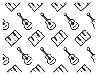 Musical Instruments Seamless Pattern with Guitars and Keyboards Black and White