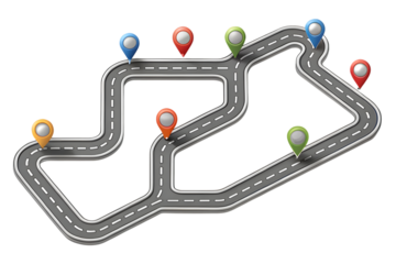 Abstract winding road with colorful location pins and markers isolated on transparent background