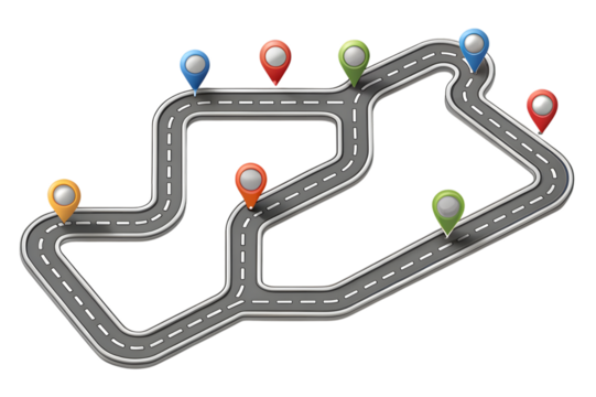 Abstract winding road with colorful location pins and markers isolated on transparent background