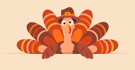Turkey on banner with copy space. Happy thanksgiving day funny bird with bright colors. Cute autumn holiday symbol for poster card greetings sale festival