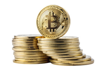 Golden bitcoin coins stacked and balanced on a transparent background representing digital currency and cryptocurrency investments isolated on transparent background