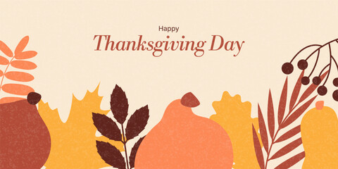 Thanksgiving day greeting. Cute bright pumpkins, leaves and berries in minimalist flat style. Banner template, invitations for autumn holiday, harvest festival with grain texture