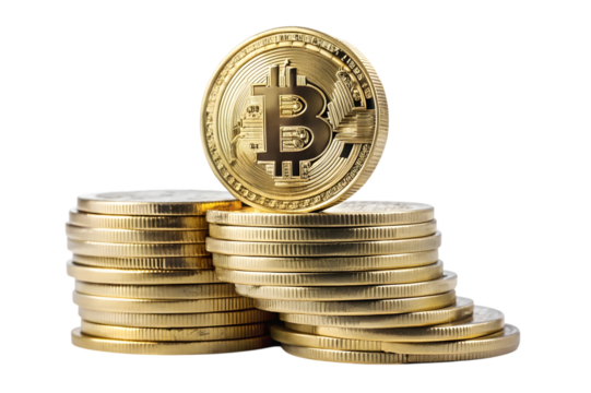 Golden bitcoin coins stacked and balanced on a transparent background representing digital currency and cryptocurrency investments isolated on transparent background
