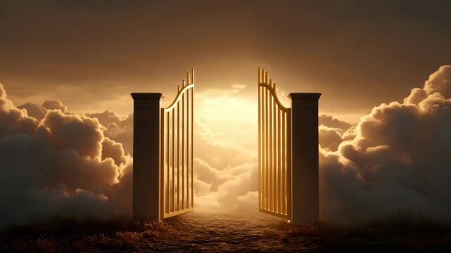 Golden gate cloud sunset sky light pathway open gate mystical heavenly surreal entrance nature landscape outdoor dramatic bright fantasy peaceful tranquil glowing scenic dusk horizon atmospheric