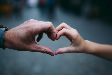 A close-up of adult and child hands creating a heart shape, symbolizing love, connection, and family unity against a blurred background.