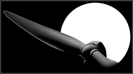 An airplane propeller stands sharply against a stark white circular backdrop resembling celestial body,